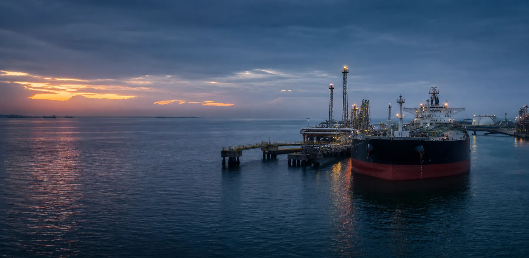 Petroleum tanker berthed at a marine loading terminal at sunrise